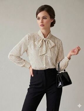 Polka Dot Neck Bow Tie Long Sleeve Blouse Retro Inspired 50s 60s